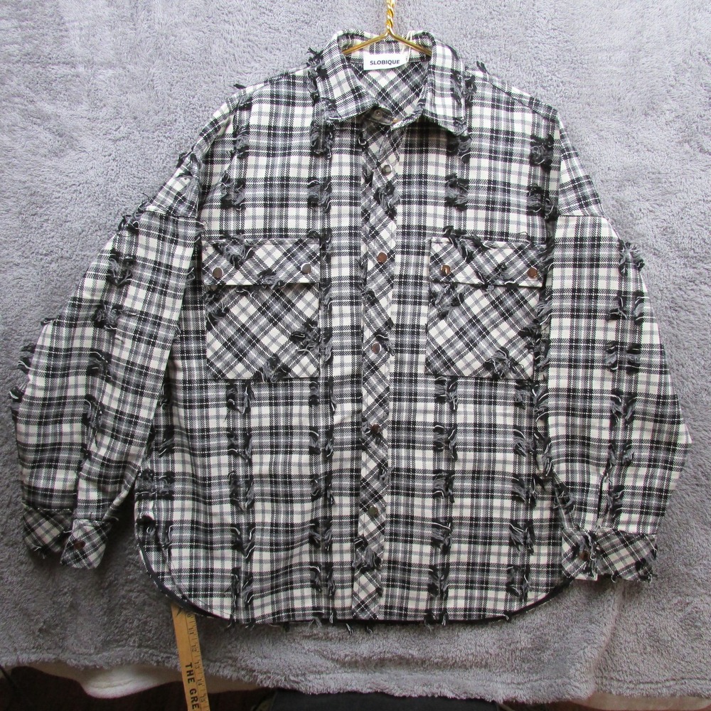 Slobique Shirt Mens XL Black White Plaid Fringe Button Front Oversized Flannel